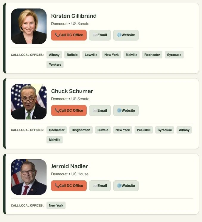 Civic Connect demo showing Manhattan representatives with portraits, call buttons, and contact options