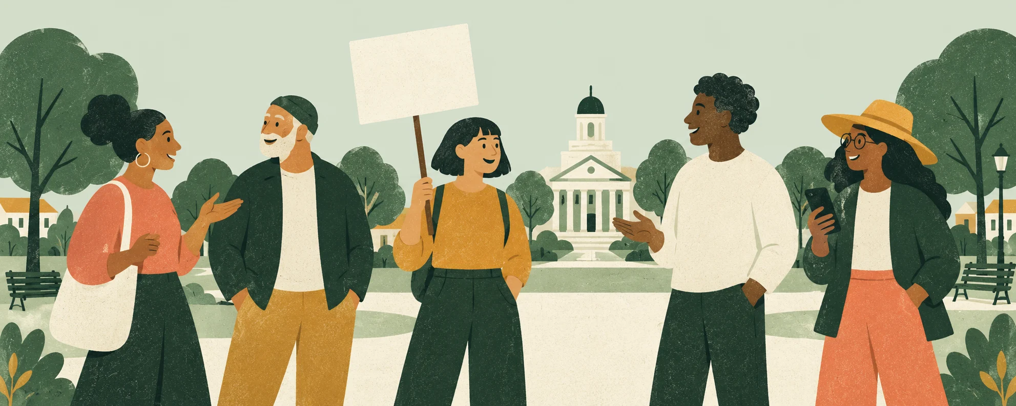 An illustrated community coming together in a leafy civic plaza